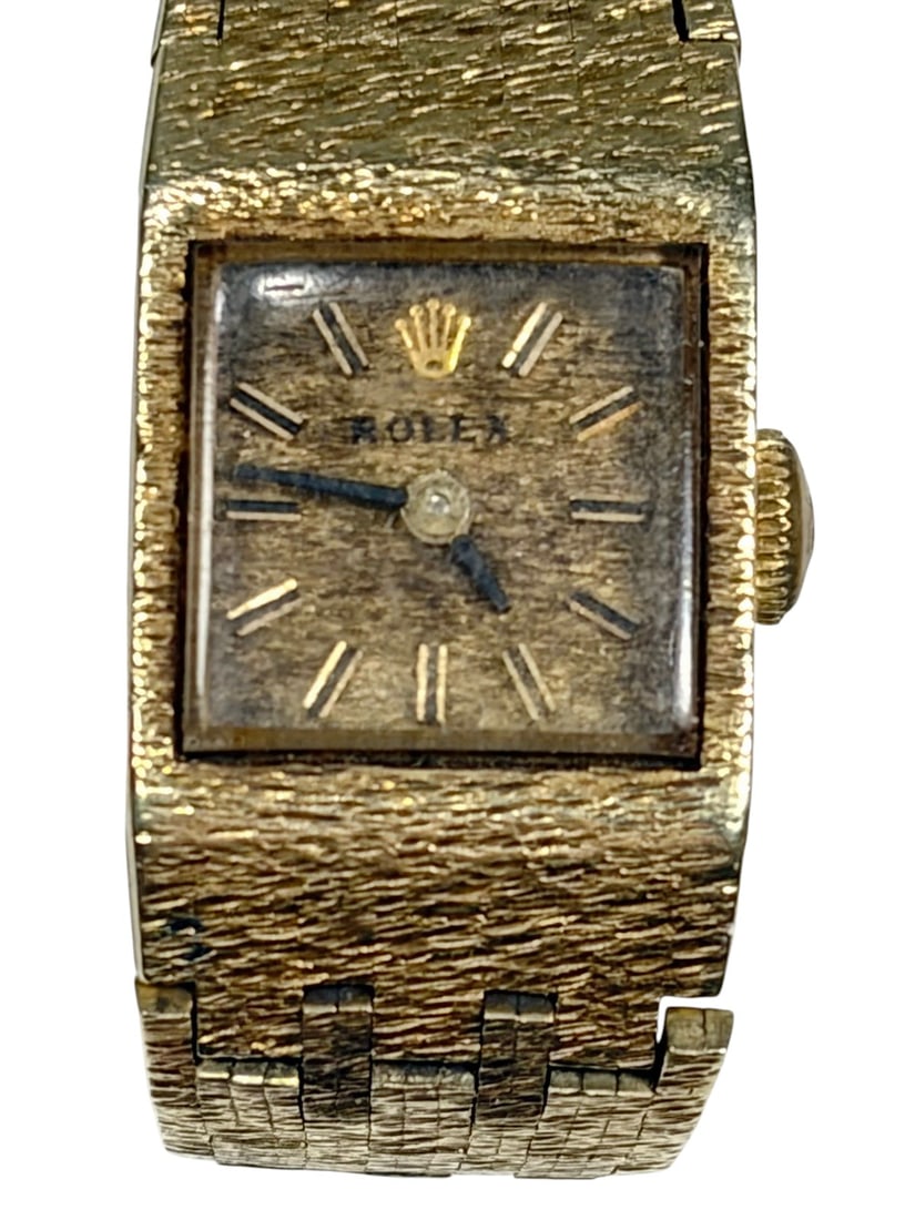 Rolex Precision 14K Gold Wristwatch, 32 grams: Vintage Rolex Precision wristwatch with approximately 12 mm by 9 mm dial. Features textured 14K yellow gold bracelet marked 14K Italy, square gold-tone dial with baton markers and manual wind movement