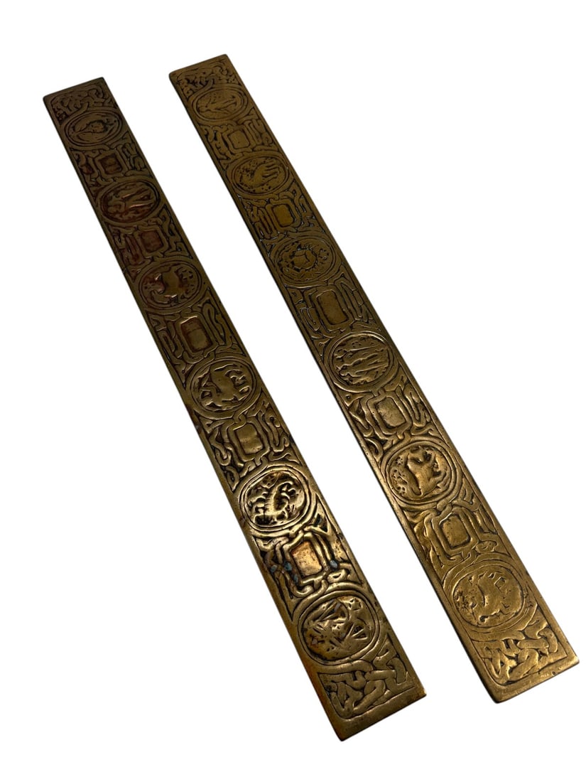 Tiffany Zodiac Bronze Dore Blotter Ends 2pc LOT: Pair of Tiffany Studios New York bronze dore blotter ends in the sought-after Zodiac pattern. Each rectangular end is cast with alternating zodiac medallions and geometric motifs in low relief with or