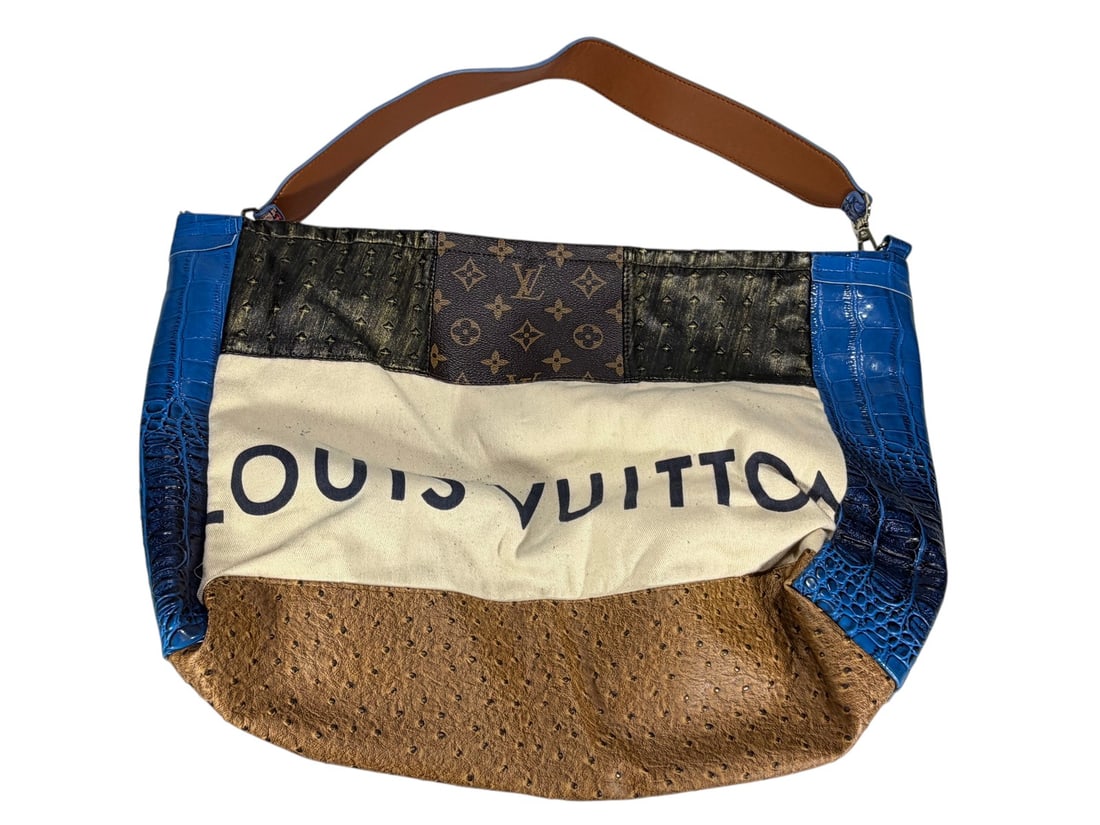 Gucci & Louis Vuitton Style Patchwork Shoulder Bag: Large patchwork style shoulder bag featuring assorted designer-inspired motifs and mixed faux leather panels with ostrich style, crocodile style, and monogram style patterns. Includes braided multicol