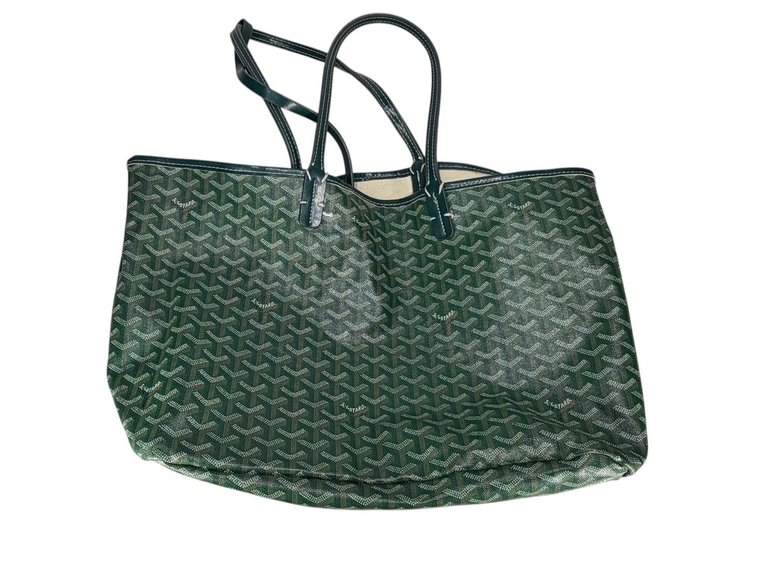 French Green Goyard Style Tote Bag w/ Pouch Set: Green coated canvas style tote bag and matching pouch featuring repeating geometric monogram-style pattern, contrast stitching, and faux leather trim and handles. Open-top tote with canvas-lined inter