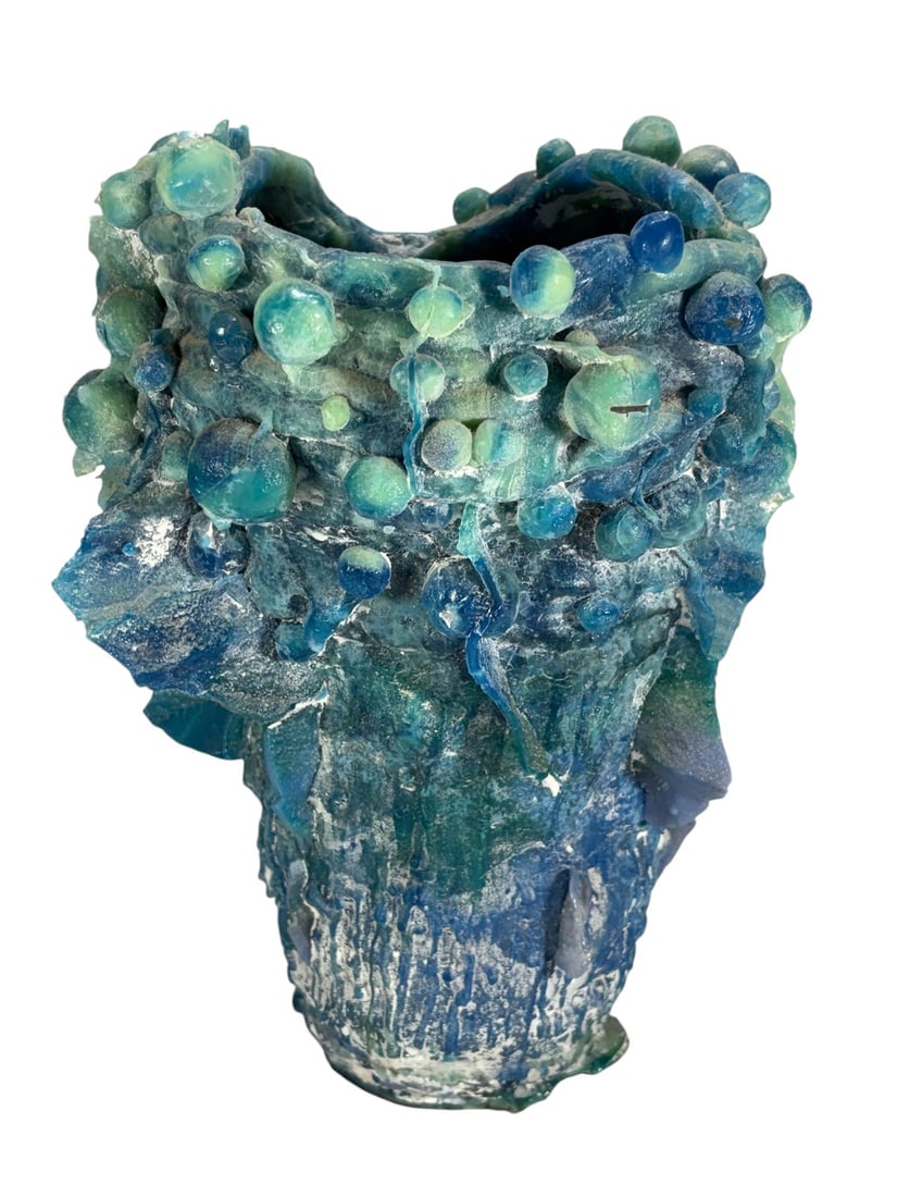 Blue & Green Grapes Design Studio Art Glass Vase: Contemporary studio art glass vase with heavily textured organic surface featuring applied blue and green grape-like globules, trailing decoration, and sculptural freeform body. Dimensions: 11.75 X 8 