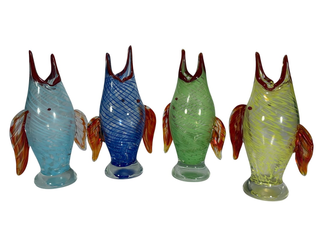 Italian Murano Style Art Glass Fish Fig 4pc LOT: Group of four colorful Murano style art glass fish figures with spiral lattice decoration and applied red-orange fins. Includes cobalt blue, green, light blue, and yellow examples with clear bases and