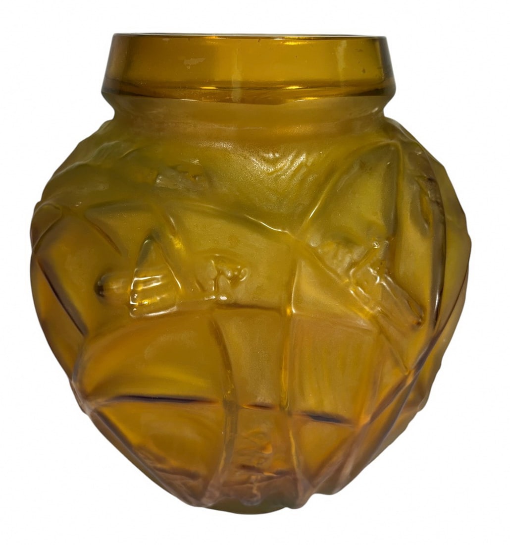 After R. Lalique Sauterelles Amber Glass Vase: Amber art glass vase after R. Laliques iconic Sauterelles design, featuring molded grasshopper decoration in relief with frosted and polished finish. Signed R. Lalique France to underside. Decorative 