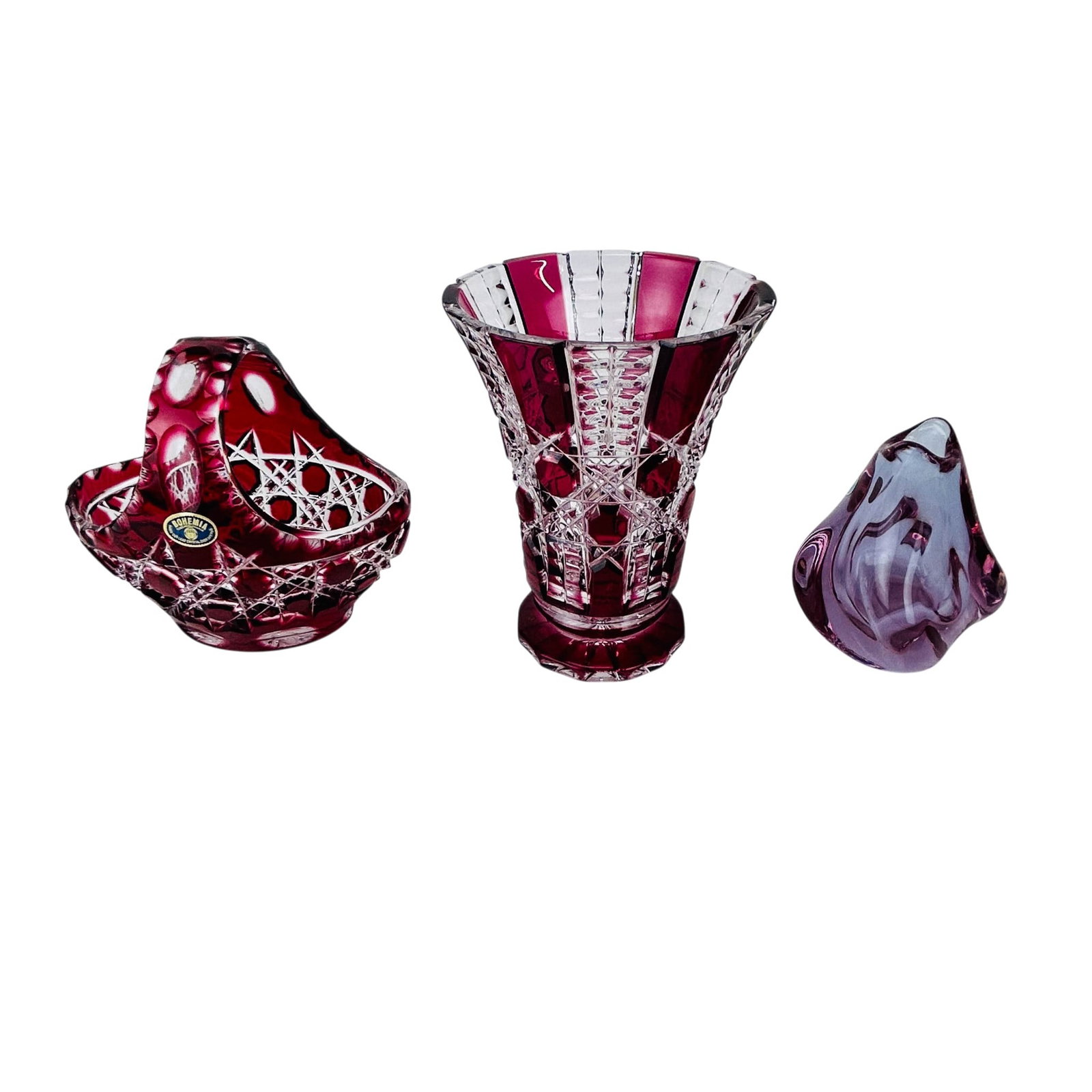Czech Ruby Red & Alexandrite Glass Vase Basket 3pc (1 of 6)