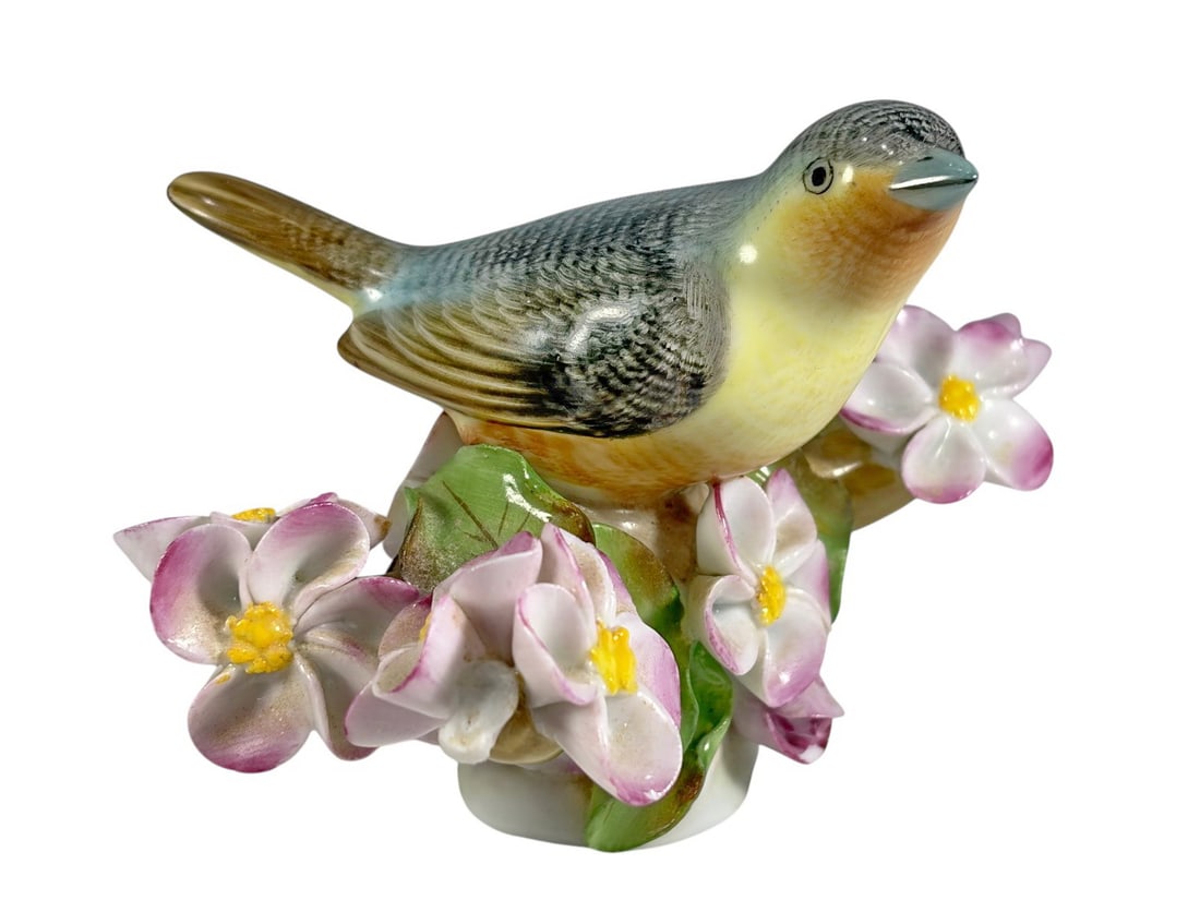 Herend Hungary Porcelain Bird on Blossom Branch: Herend Hungary hand-painted porcelain bird figure perched on flowering branch with pink blossoms and naturalistic polychrome decoration. Blue Herend Hungary backstamp to underside, dated 1976. Marked 