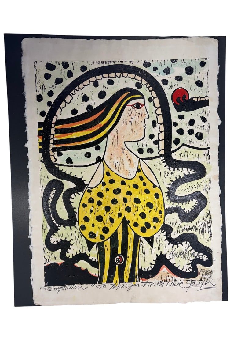 Joseph Kurhajec, American b.1938 Color Serigraph: Joseph Kurhajec, (American, born 1938), color serigraph on handmade paper depicting a stylized female figure with flowing hair and abstract serpent-like forms. Titled 'Temptation,' signed and dated 19