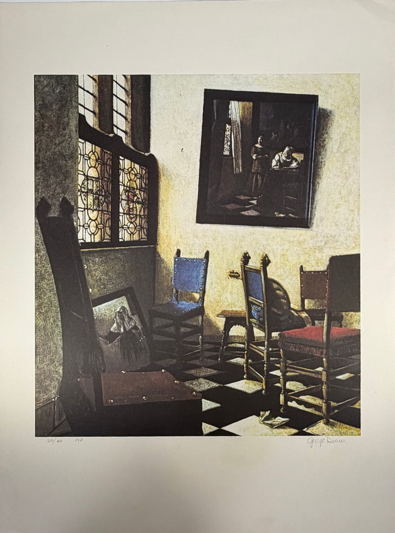 George Deem, American b.1932 Color Lithograph: George Deem (American, 1932-2008) Vermeer's Moving Lithograph, color lithograph depicting a furnished interior with stained glass windows, framed painting, and ladder-back chairs in the artists photor