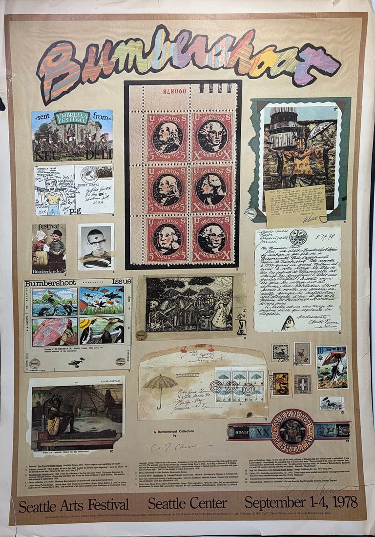 1978 Bumbershoot Seattle Art Festival Poster: 1978 Bumbershoot Seattle Arts Festival poster featuring collage imagery of international umbrella-themed ephemera, faux postage stamps, postcards, and illustrations. Dated September 1-4, 1978 for the 