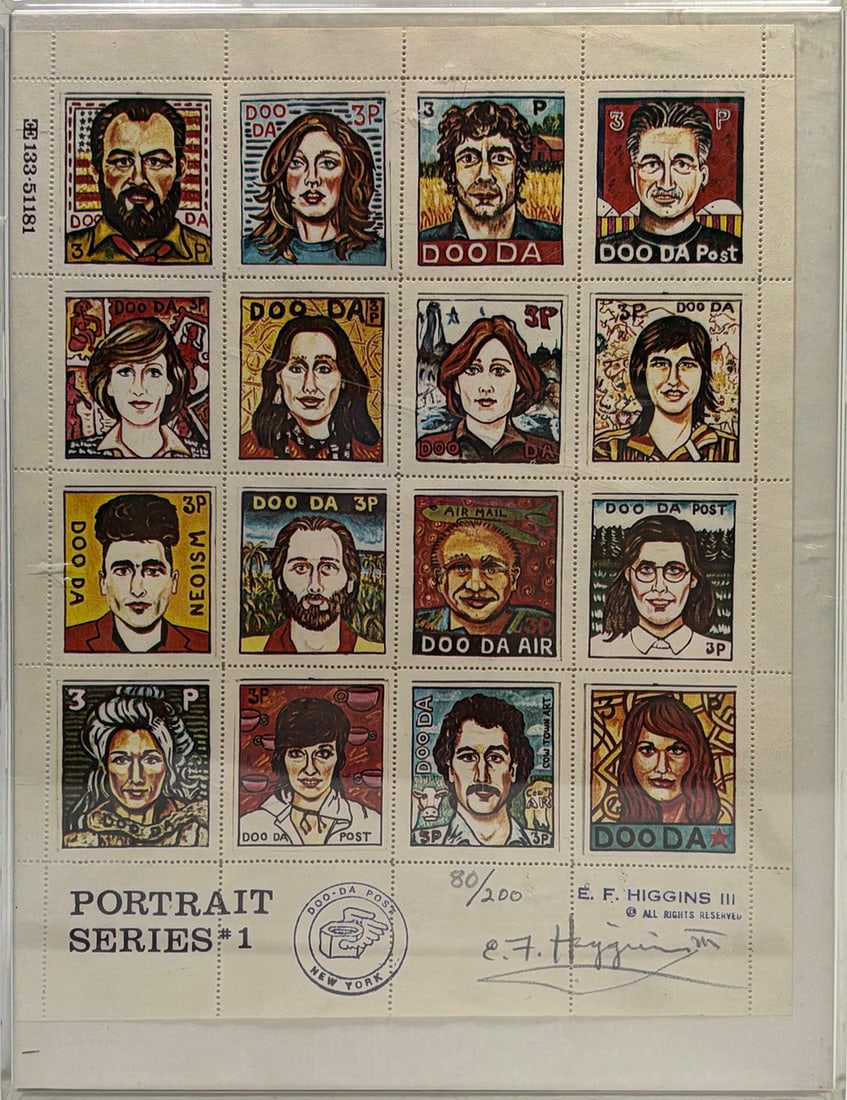 Edward F. Higgins III American b.1949 Artistamp: Edward F. Higgins III (American, 1949-2021) color artistamp sheet titled 'Portrait Series #1' depicting sixteen portrait vignettes in stamp format with 'Doo-Da Post' imagery. Signed and numbered 80/20
