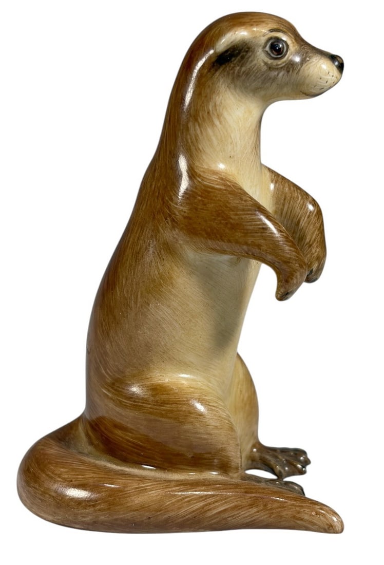 Herend Hungary Porcelain Standing Meerkat Figure: Hand-painted Herend Hungarian porcelain figure depicting a standing meerkat, marked Herend Hungary Handpainted First Edition to underside, model 15577/C, dated 1997, with decorator signature. A finely