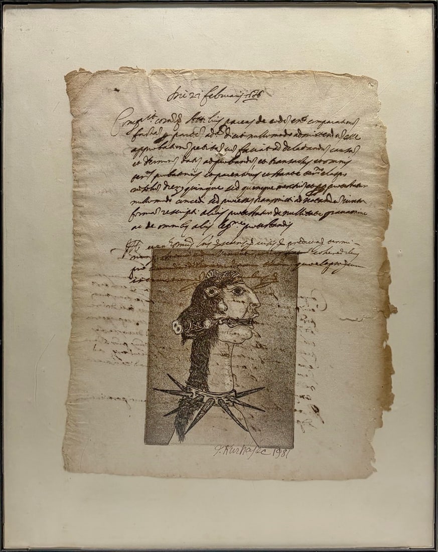 Joseph Kurhajec, American b.1938 Engraving Signed: Surrealist engraving by Joseph Kurhajec (American, born 1938) depicting a stylized head with elongated neck and spiked collar, printed over antique handwritten manuscript paper. Signed and dated 1981 