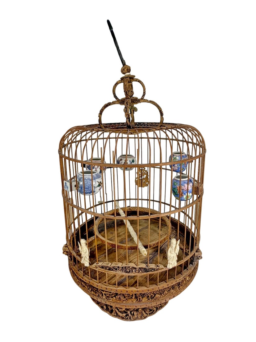 Asian Carved Bamboo & Wooden Hanging Bird Cage (1 of 9)