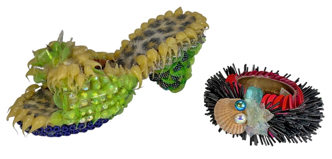 Rhonda Zwillinger Shoe & Bracelet Sculptures 2pcs: Pair of mixed media wearable art sculptures by Rhonda Zwillinger, including an embellished platform shoe sculpture and a large cuff bracelet. The largest measures approximately 4.25 inches tall by 10.