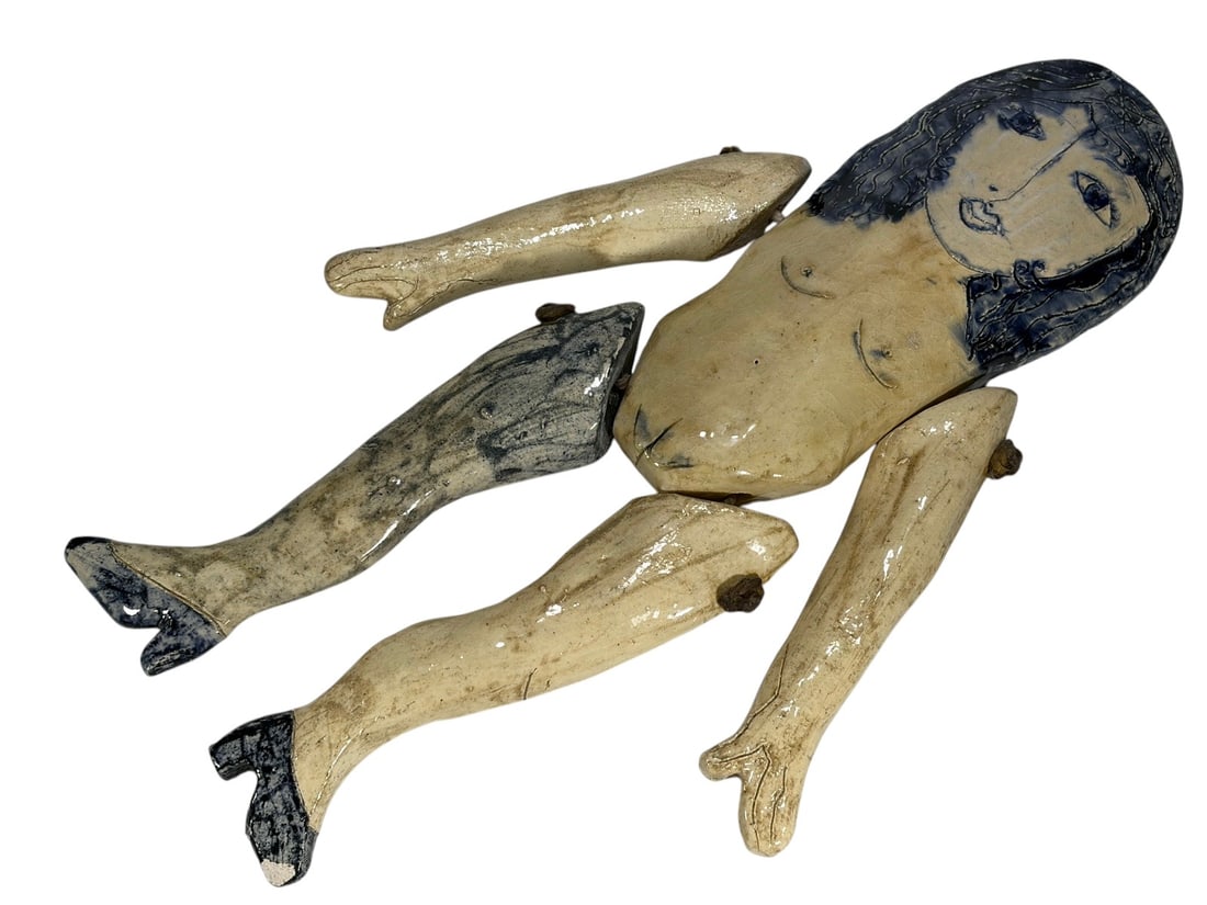 VTG Handcrafted Nude Female Glazed Ceramic Doll: Vintage handcrafted glazed ceramic figural doll sculpture depicting a nude female figure with articulated limbs joined by cord. Decorated in cream glaze with cobalt blue facial features, hair, and sho