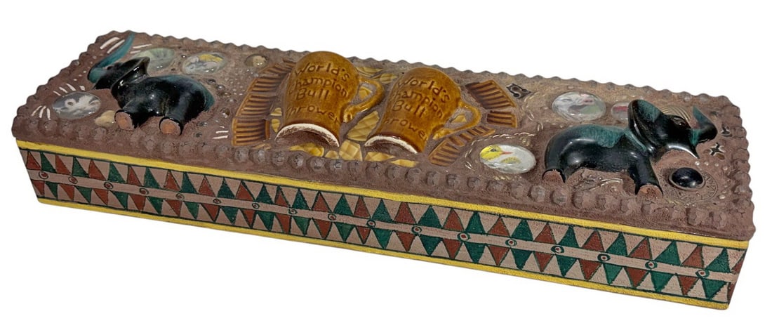 American Southwest Folk Art Wood & Ceramic Box: Handcrafted American Southwest style wooden lidded box with applied ceramic decoration featuring elephants, wildlife medallions, geometric borders, and raised mugs reading 'Worlds Champion Bull Throwe