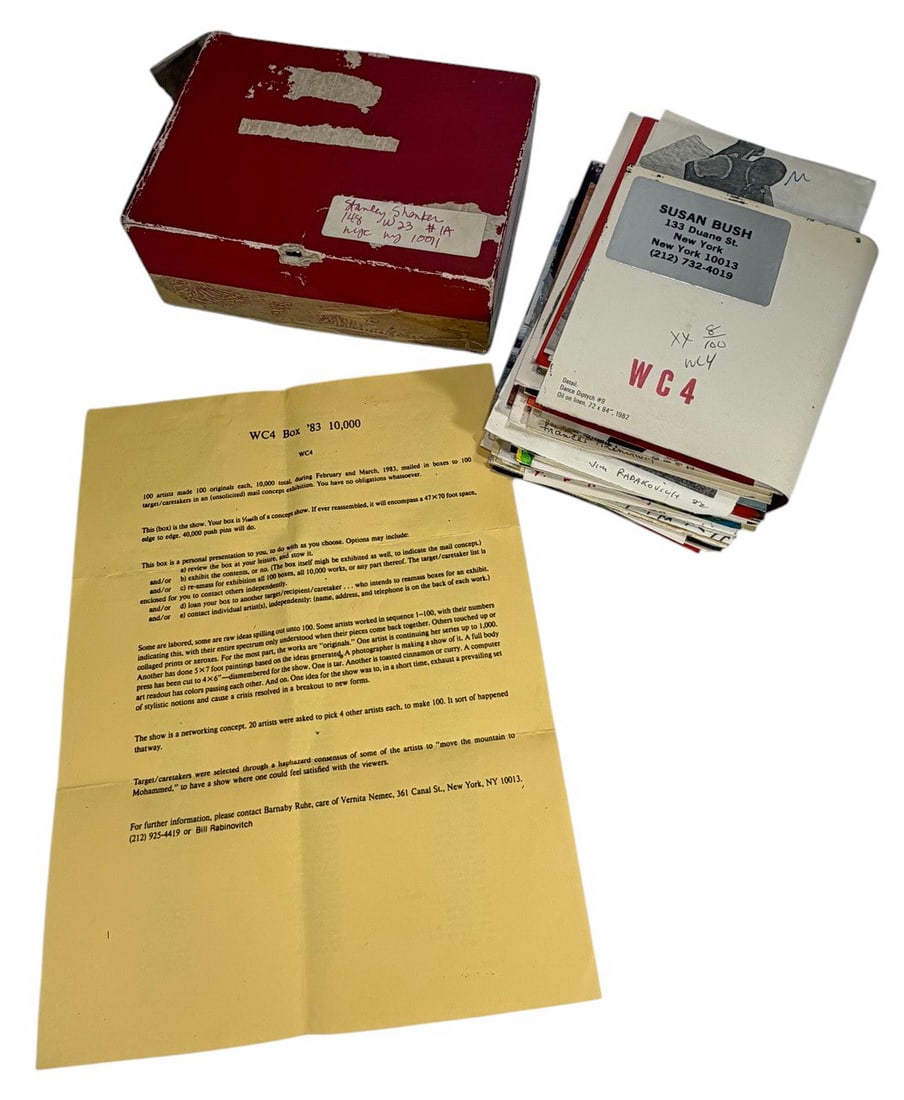 WC4 Box Mail Art Collection w/ 100 Artist Works: 1983 WC4 conceptual mail art project collection containing approximately 100 original artworks and printed materials housed in the original handmade presentation box. Includes artist list, exhibition 