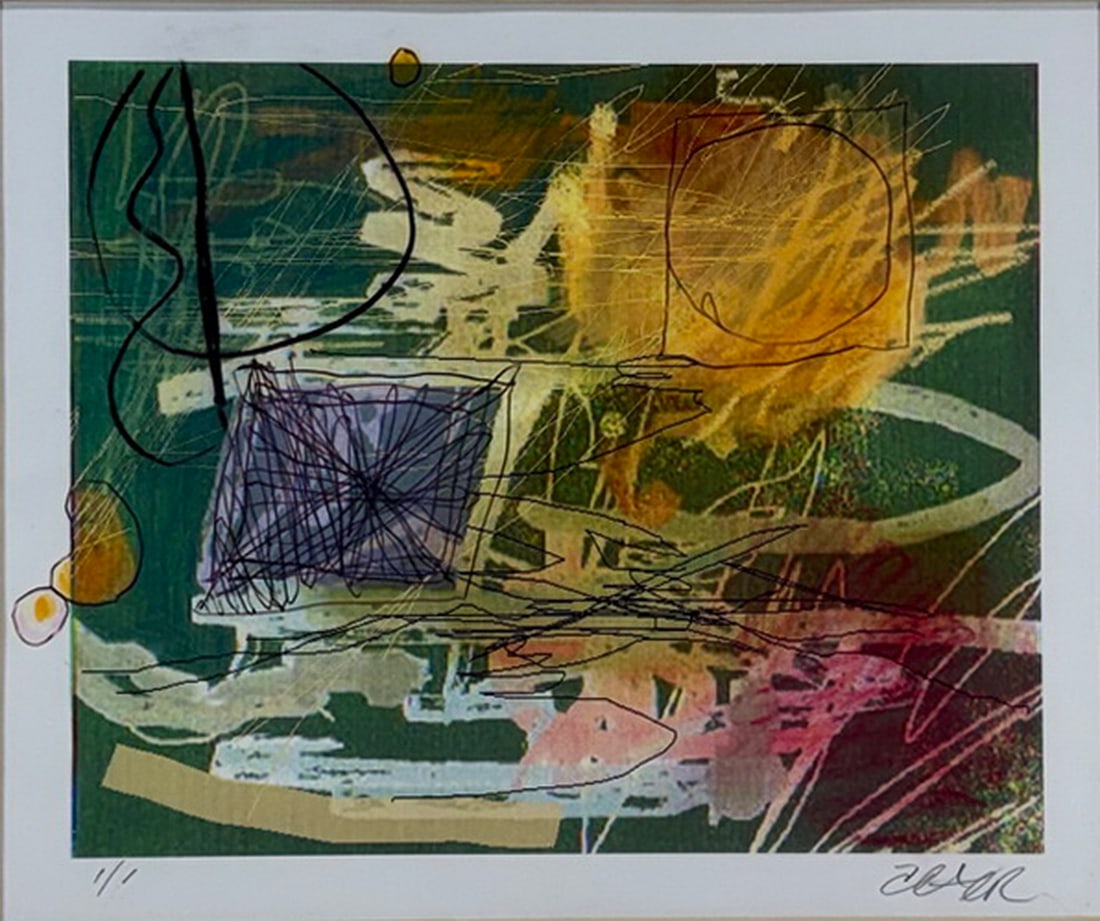 Abstract Geometric Giclee Print in Gilt Frame: Abstract giclee print featuring an energetic modern composition with geometric and gestural elements in vibrant green, yellow, pink, and black tones. Pencil signed lower right and numbered lower left,