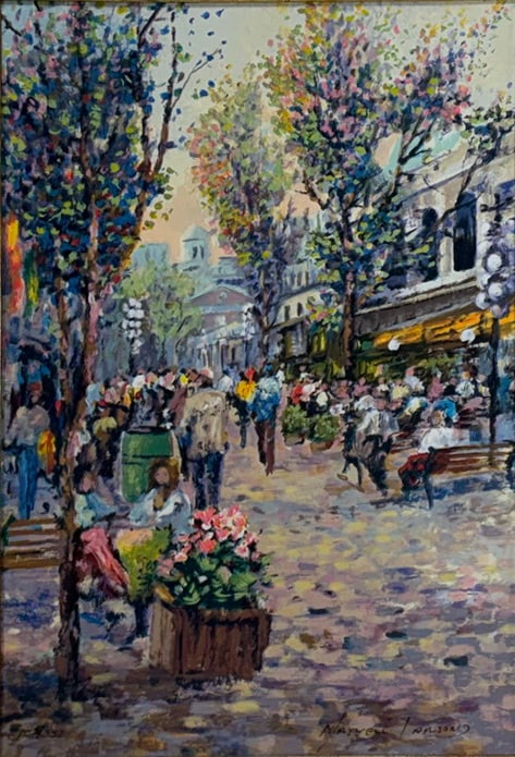Signed Impressionist Street Scene Giclee Print: Framed impressionist-style street scene giclee depicting pedestrians, flowering trees, benches, and cafe architecture in a lively city setting. Numbered lower left 15/350. Housed in a gilt frame. Work