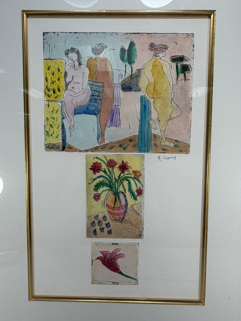B. Cory Mixed Media Nude Figure Artwork Print: Framed mixed media artwork depicting stylized nude figures and floral studies, signed B. Cory lower right. The composition includes three mounted panels with hand-colored imagery in pastel tones. Hous