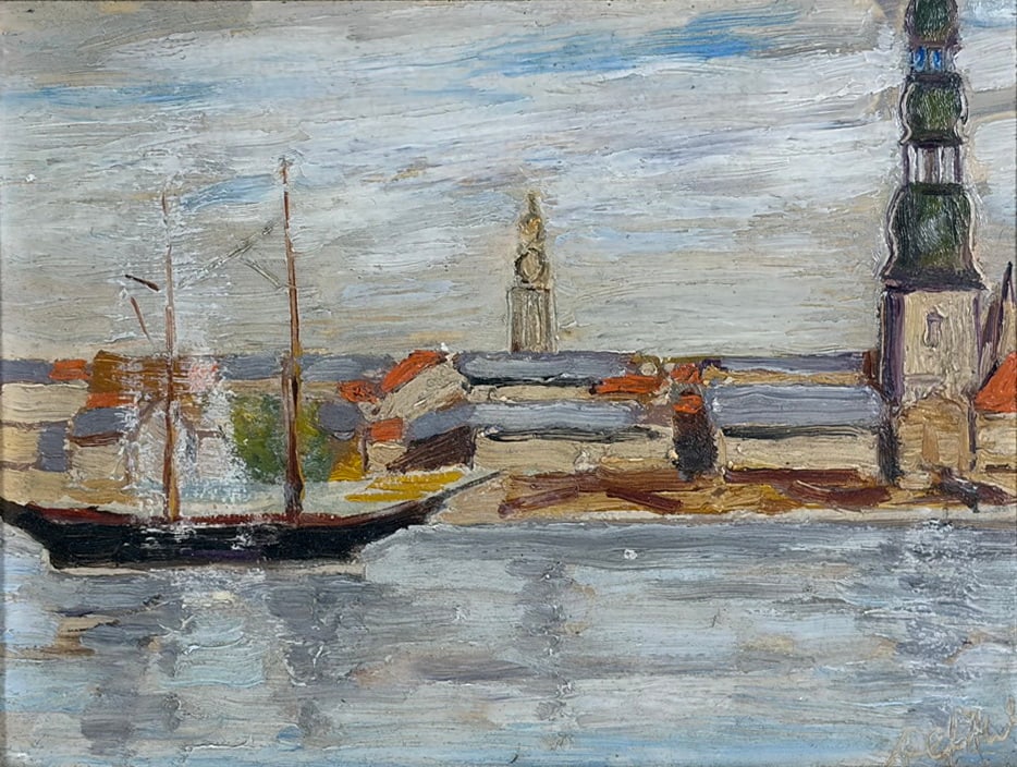 VTG Nautical Seascape Oil Painting on Board SIGNED: Vintage signed oil painting on board depicting a harbor seascape with sailboat and architectural skyline. Executed in an impressionistic style with textured brushwork and housed in a giltwood frame wi