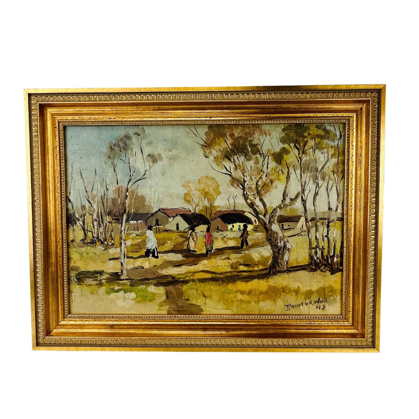Gert Van Der Walt 20C Villian Scene Oil Painting: Gert Van Der Walt (South African, 20th century) oil painting on canvas. Depicts figures walking among trees and thatched dwellings with village scenery and cloudy sky. Signed lower right. Verso with p