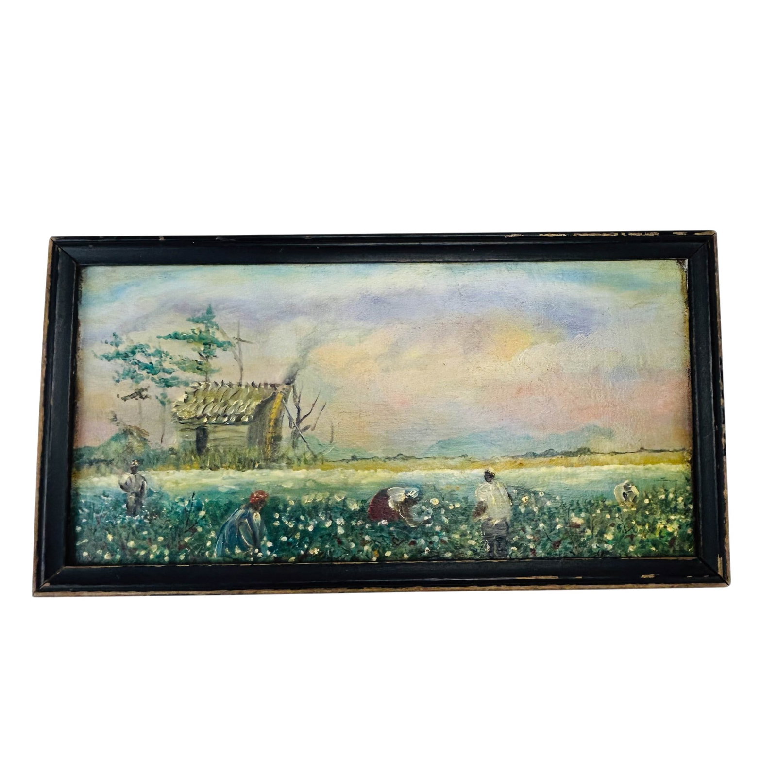 Cotton Field Folk Art Painting After W.A. Walker: Oil painting on board after William Aiken Walker (American, 1839-1921). Depicts cotton pickers working within a rural Southern landscape featuring figures harvesting in a flowering field beside a weat