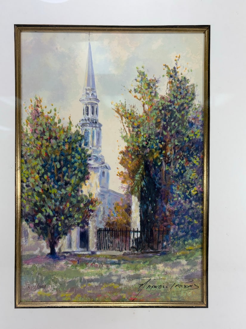 Signed Framed Maxwell Parsons Tempera Painting: Framed limited edition tempera painting depicting a church steeple framed by trees in an impressionist landscape style. Pencil signed Maxwell Parsons lower right and numbered 347/350 lower left. Prese