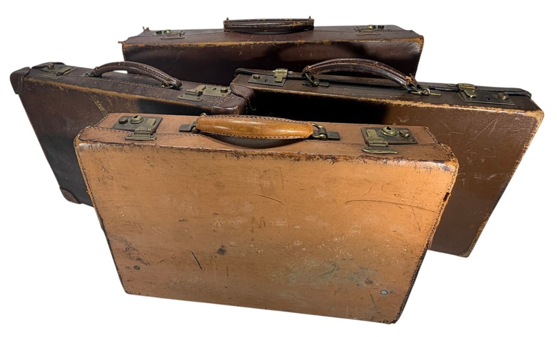Assorted Antique Leather & Brass Suitcases 4pc LOT (1 of 7)