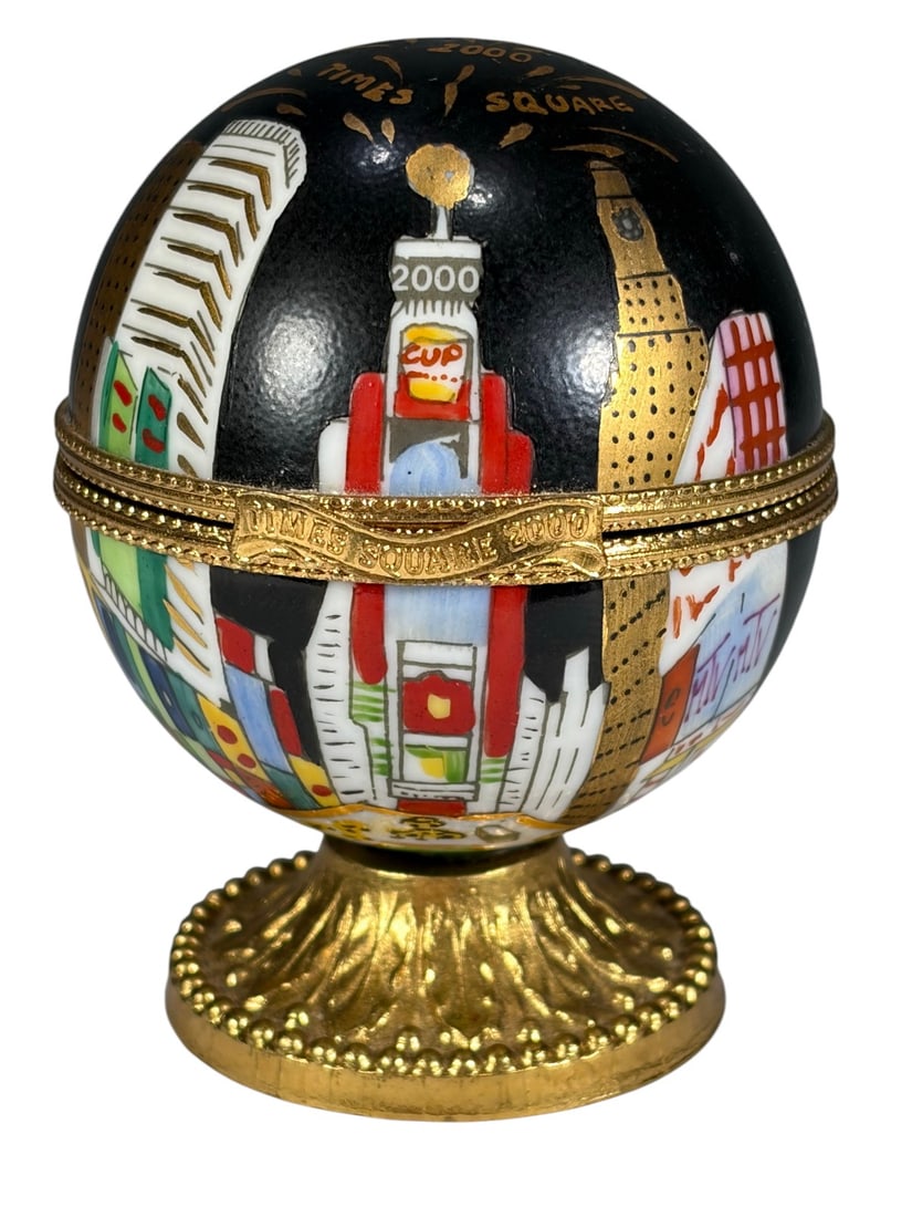Limoges France Times Square 2000 Trinket Box: French Peint Main Limoges porcelain trinket box, hand-painted in spherical form commemorating Times Square 2000 New Year celebration, with cityscape decoration, gilt metal mount, pedestal base, and hi