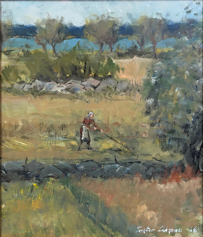 Knut Torsten Lidman Swedish Landscape Oil Painting: Oil painting on canvas depicting an impressionist landscape scene with a figure working in a grassy field beside stone walls and a body of water. Executed in loose expressive brushwork with soft natur