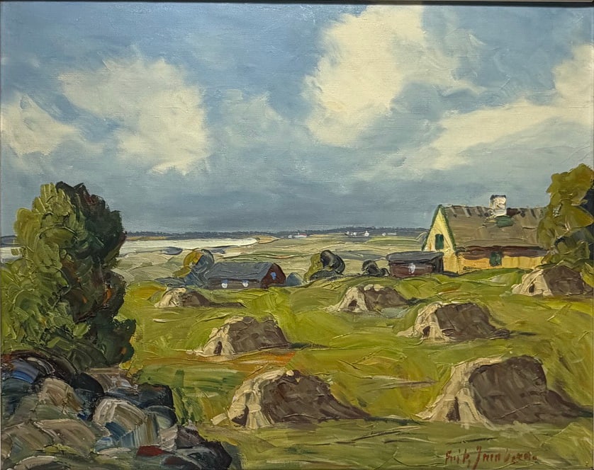 F. Jacobsen Danish Coastal Landscape Oil Painting: Oil painting on canvas depicting a Scandinavian coastal landscape with farmhouse structures, rocky grassy terrain, and distant water under a dramatic sky. Executed in an impressionist manner with expr
