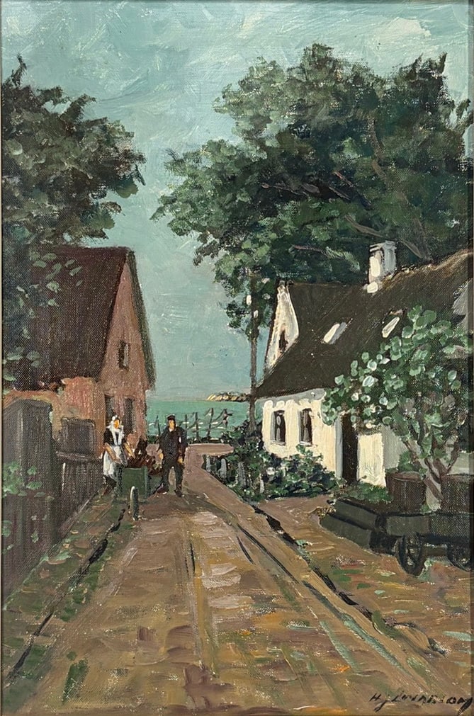 Johan Lindblom 'Borstatiuson' Oil Painting: Oil on canvas painting by Swedish artist Johan Lindblom titled Borstatiuson, depicting a village street scene with figures and cottages. Signed lower right H. Lindblom. Verso with handwritten title an