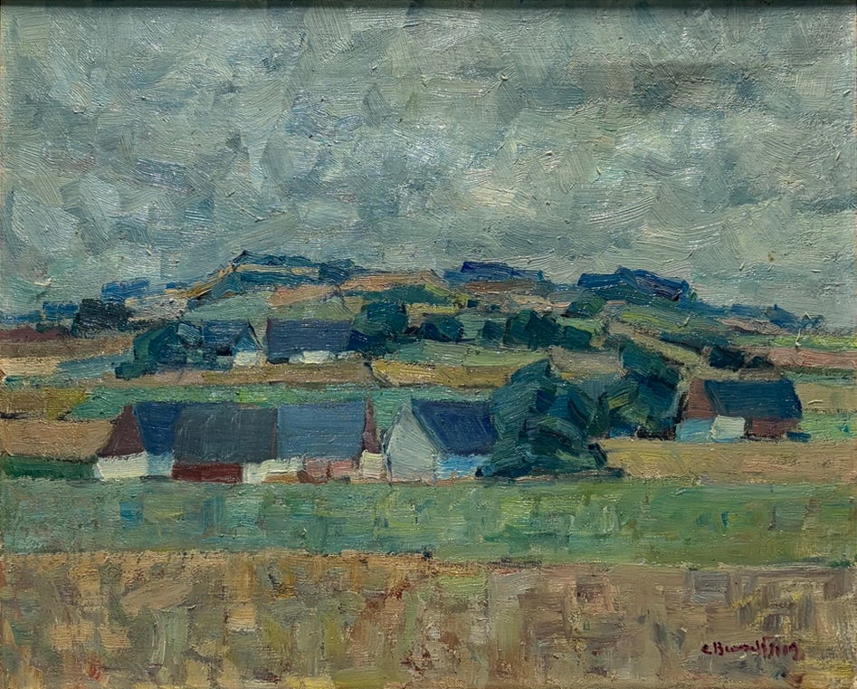 Carl Albin Berndtsson Swedish Landscape Painting: Oil on canvas landscape painting by Swedish artist Carl Albin Berndtsson, dated 1931. The work depicts a rural Scandinavian countryside scene with clustered farm buildings beneath an expansive sky ren