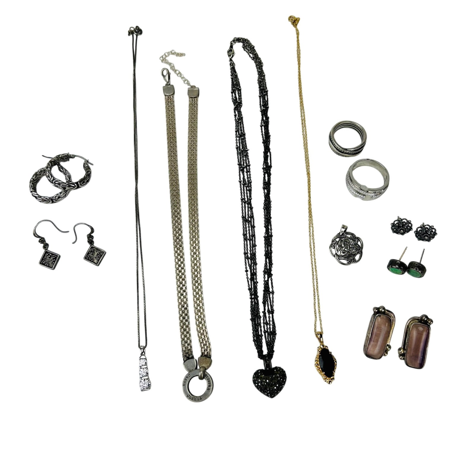 Sterling Gemstone Jewelry Necklace Ring Earrings: Group of sterling silver 925 jewelry including a pair of hoop earrings, two rings, one necklace, three pendant necklaces, five pairs of earrings and one pendant, combined total of twelve. Lot features
