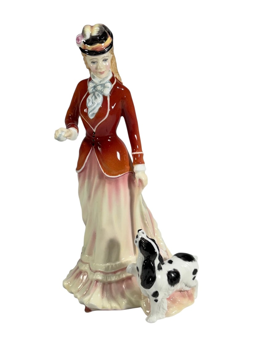 Royal Doulton Sarah Lady w/ Dog Porcelain Figurine: Royal Doulton bone china figurine titled 'Sarah,' model HN3384, designed by Timothy Potts, dated 1995. Depicts a Victorian lady in period attire accompanied by a black and white spaniel dog. Hand made