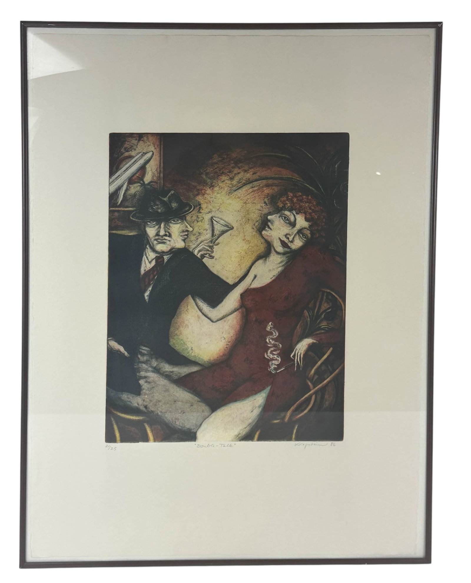 Zara Kriegstein 1952-2009 Figural Etching SIGNED: Zara Kriegstein (Germany, 1952-2009) colored etching on paper. Titled Double Talk. Depicts a stylized couple in an intimate cabaret lounge setting, the angular style male figure in a dark suit and hat
