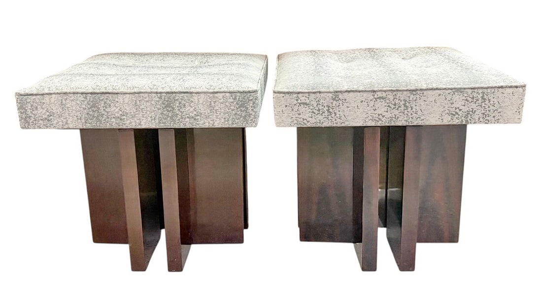 Pair of Contemporary Upholstered Bench Stools: Pair of contemporary square upholstered bench stools with tufted cushion seats and geometric dark wood bases. Upholstered in textured silver and cream tone fabric with four button tuft accents on each