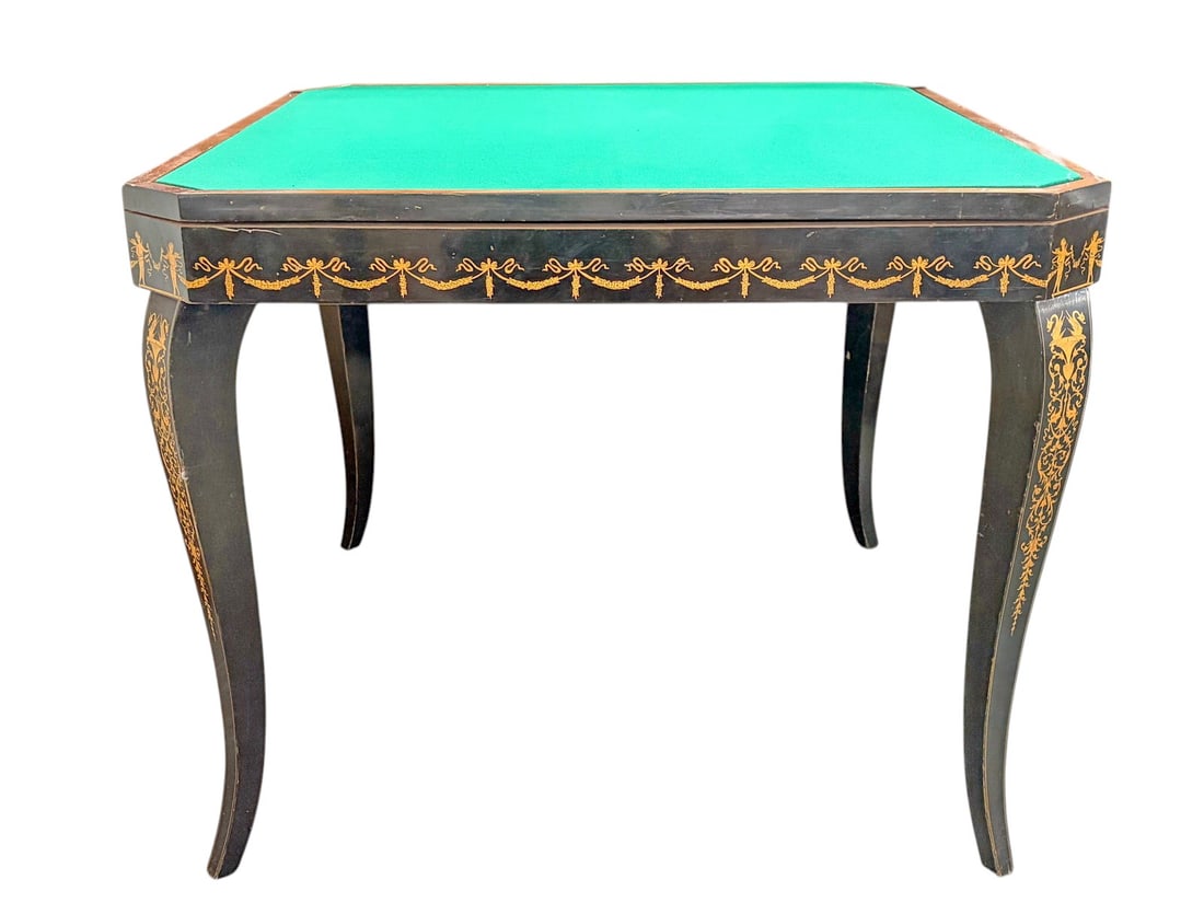 Italian Marquetry Game Table w/ Reversible Top: Italian marquetry game table with reversible top featuring chess board surface and green felt backing for card games. Table opens to reveal a roulette gaming layout with central roulette wheel, side b