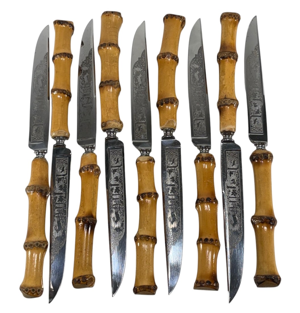 German Solingen Bamboo Handle Knife 9pc LOT: Vintage German knife set including nine pieces with carved faux bamboo-style handles and stainless steel blades marked Solingen Inoxidable. Includes assorted table and carving knives, with decorative 
