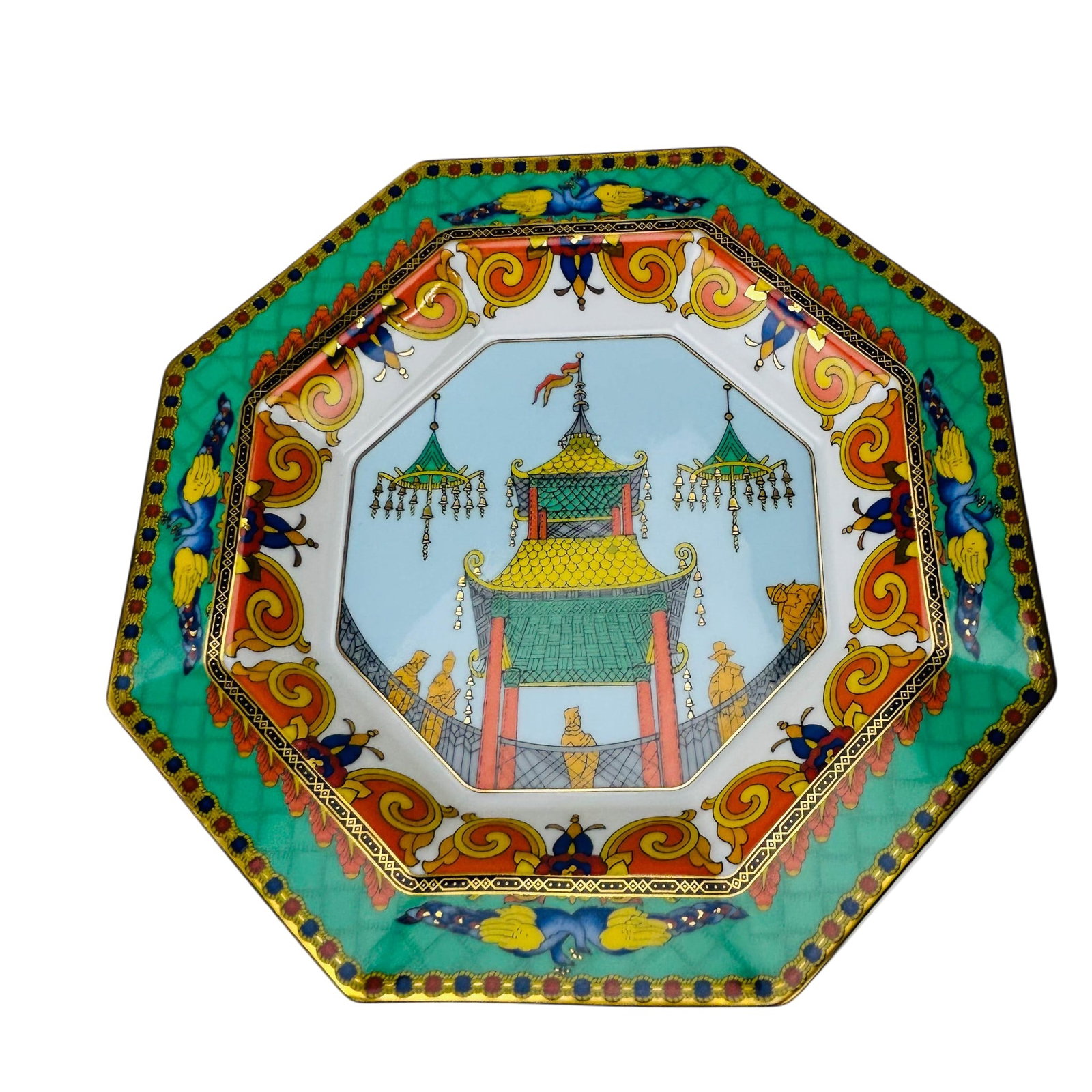 Rosenthal Versace Marco Polo Porcelain Dish Tray: Rosenthal Studio Line German porcelain tray in the Versace Le Voyage de Marco Polo pattern (1994-2000). Octagonal form with polychrome decoration depicting a pagoda scene surrounded by ornate