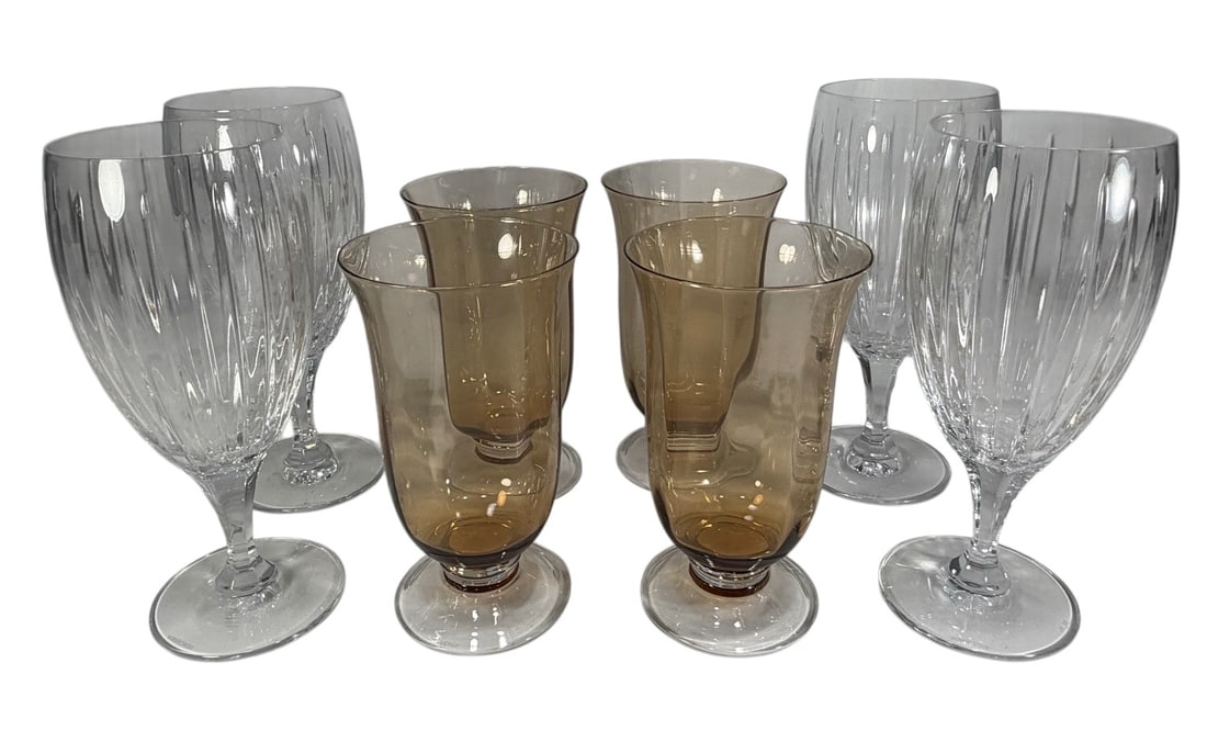 Lenox & Rogaska Crystal Drinking Glasses 8pc LOT: Group of eight crystal drinking glasses comprising Lenox Siena amber and Rogaska clear crystal examples. Includes assorted forms and sizes suitable for water, juice, cocktails, or bar service. The