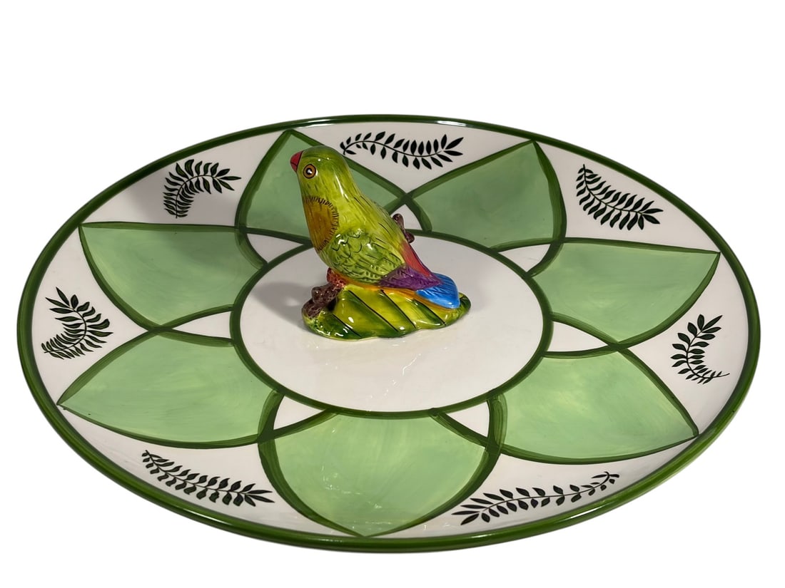 Lynn Chase Parrotdise Earthenware Centerpiece Bowl: Lynn Chase Designs "Parrotdise" earthenware centerpiece bowl featuring the iconic tropical parrot motif with hand-painted green botanical decoration and a sculptural parrot figure mounted at center. M