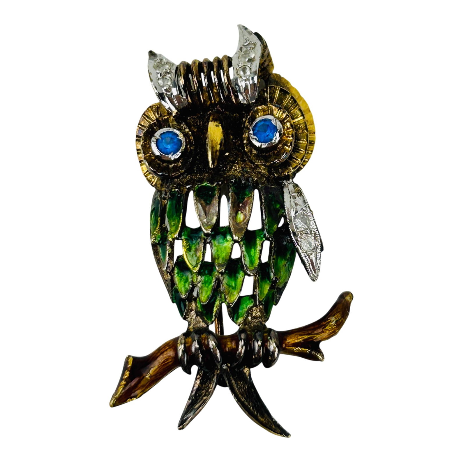 9K Gold Owl Pin w Enamel Diamonds and Sapphires (1 of 5)