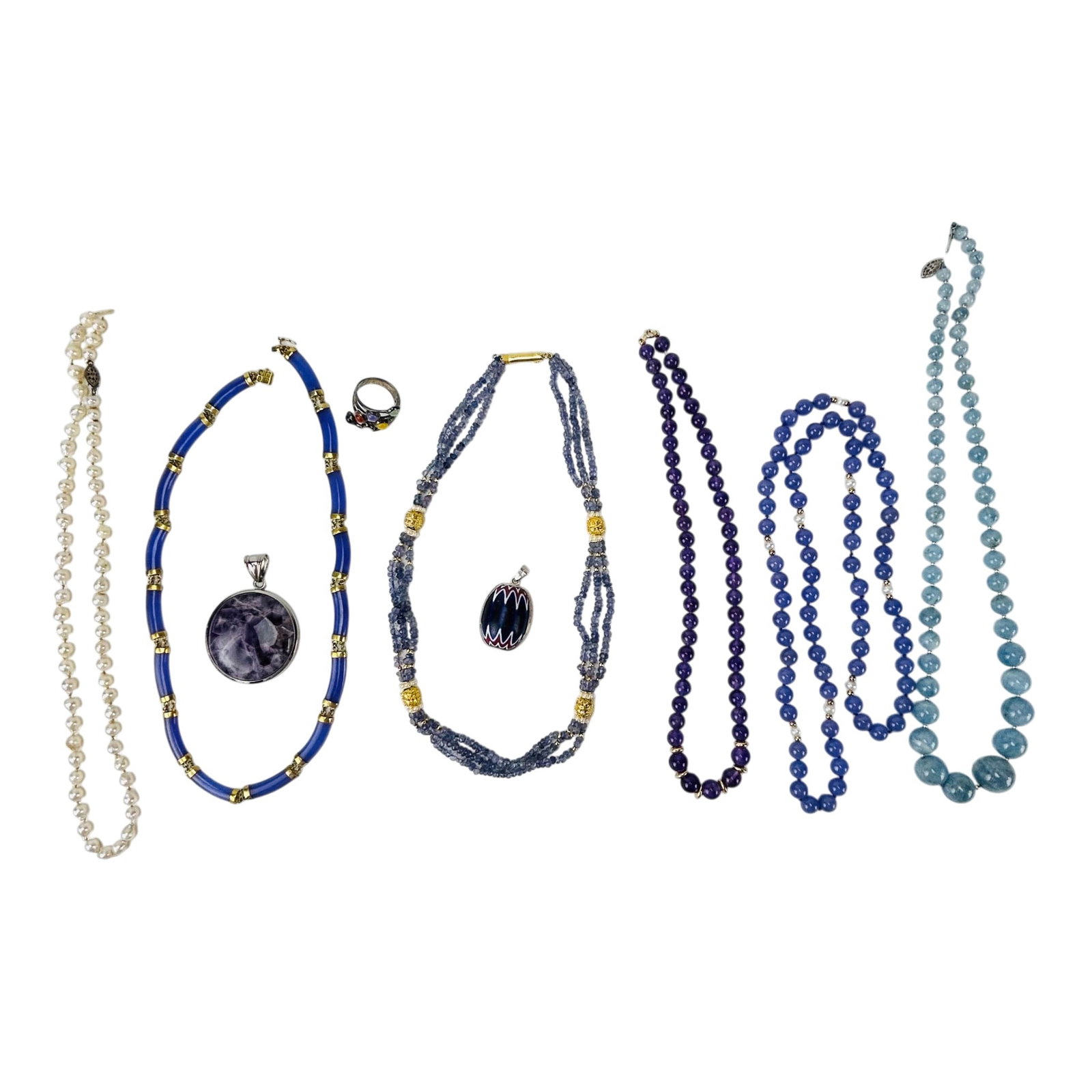 Pearl & Gemstone Necklace Pendant Ring Jewelry 9pc: Assortment of beaded strands, pendants and a ring featuring amethyst examples, carved hardstone forms in lavender and blue hues, faceted multi-row construction with gilt accents, purple tubular sectio