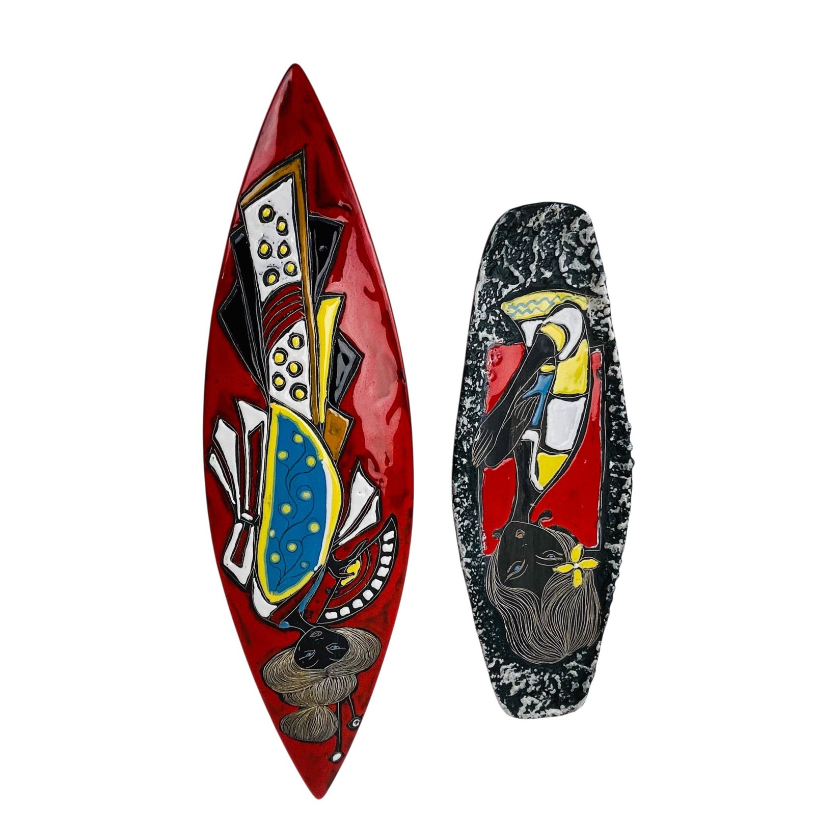 Marmaca Mid Century Pottery Figural Wall Plaque 2p: Pair of Marmaca mid century modern ceramic wall plaques featuring stylized female figural designs in red, black, blue, yellow, and white enamels. Includes one elongated oval plaque with textured lava 