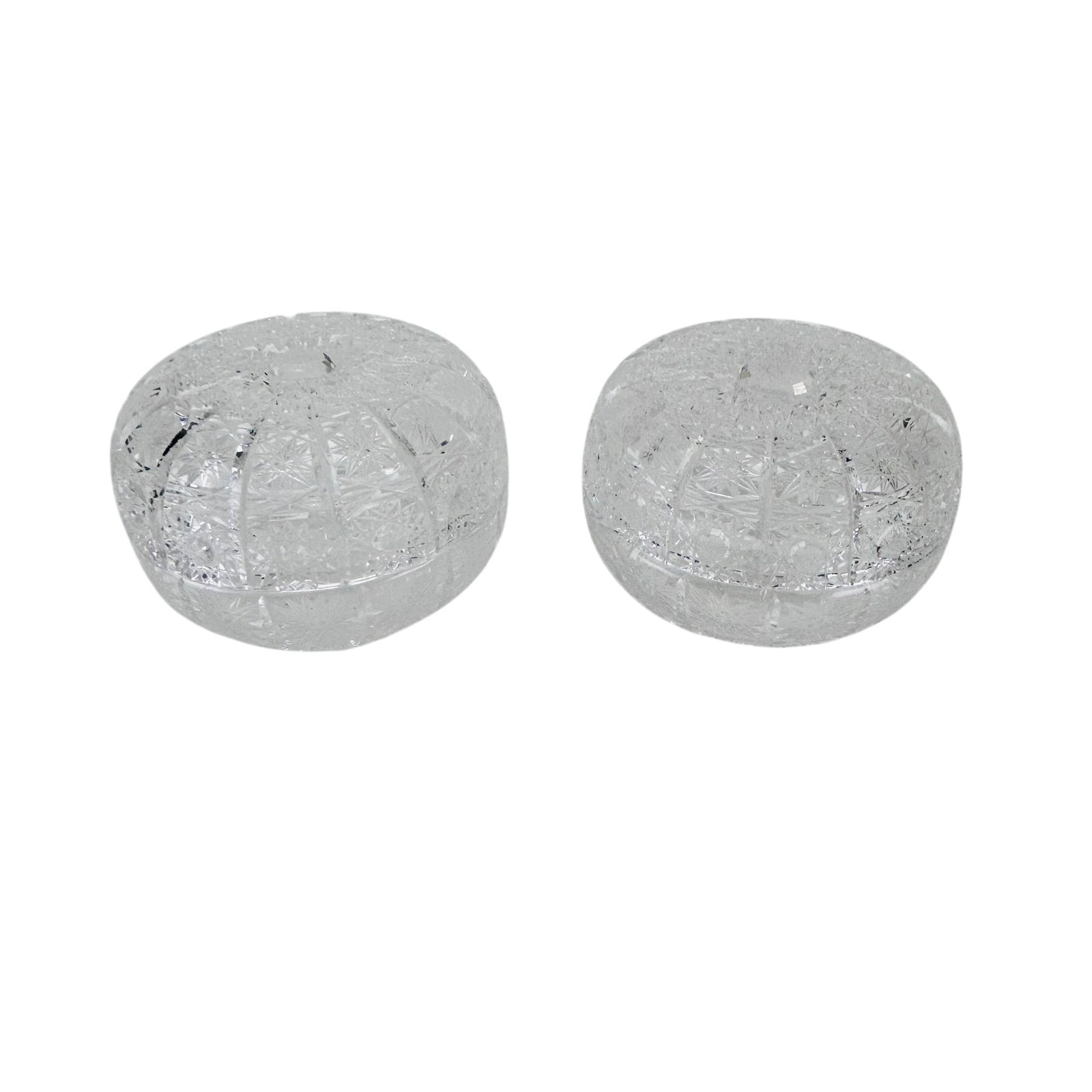 Bohemian Czech Crystal Pr Domed Vanity Powder Jar: Pair of Bohemian Czech crystal American Brilliant style bowls with matching domed lids. Each features dense hobstar, fan, and geometric cut decoration throughout with starburst motifs to the interiors