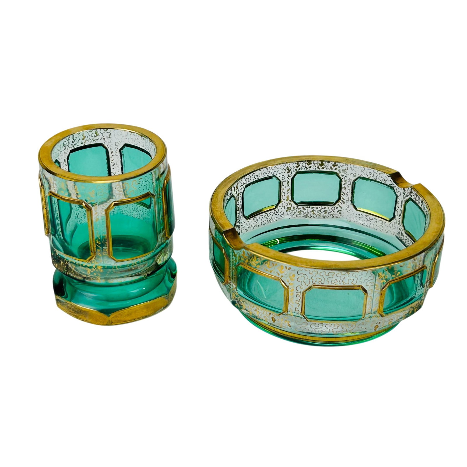 Moser Crystal Emerald Green Gold Gilt Smoking Set: Moser crystal smoking accessories two piece lot. Includes a cylindrical cigarette holder and matching ashtray bowl. Each features paneled emerald green glass with gilt geometric and scrolling decorati