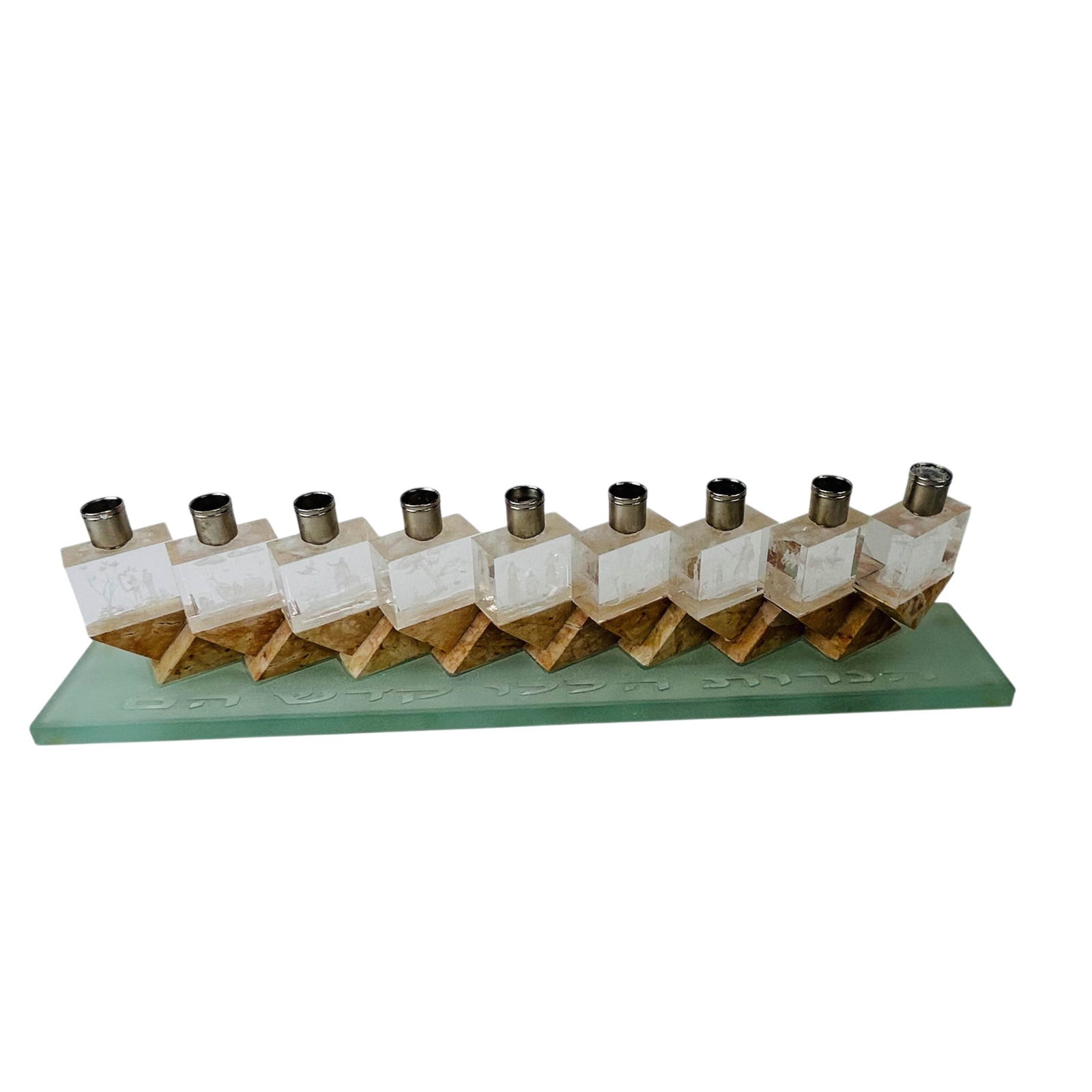 Lucite Alabaster and Frosted Glass Judaica Menorah: Modern Jewish theme sacred Hebrew candelabra with a linear, geometric design. Modeled with a row of clear lucite cube form candle holders, each with a biblical scene within, set on triangular stone su
