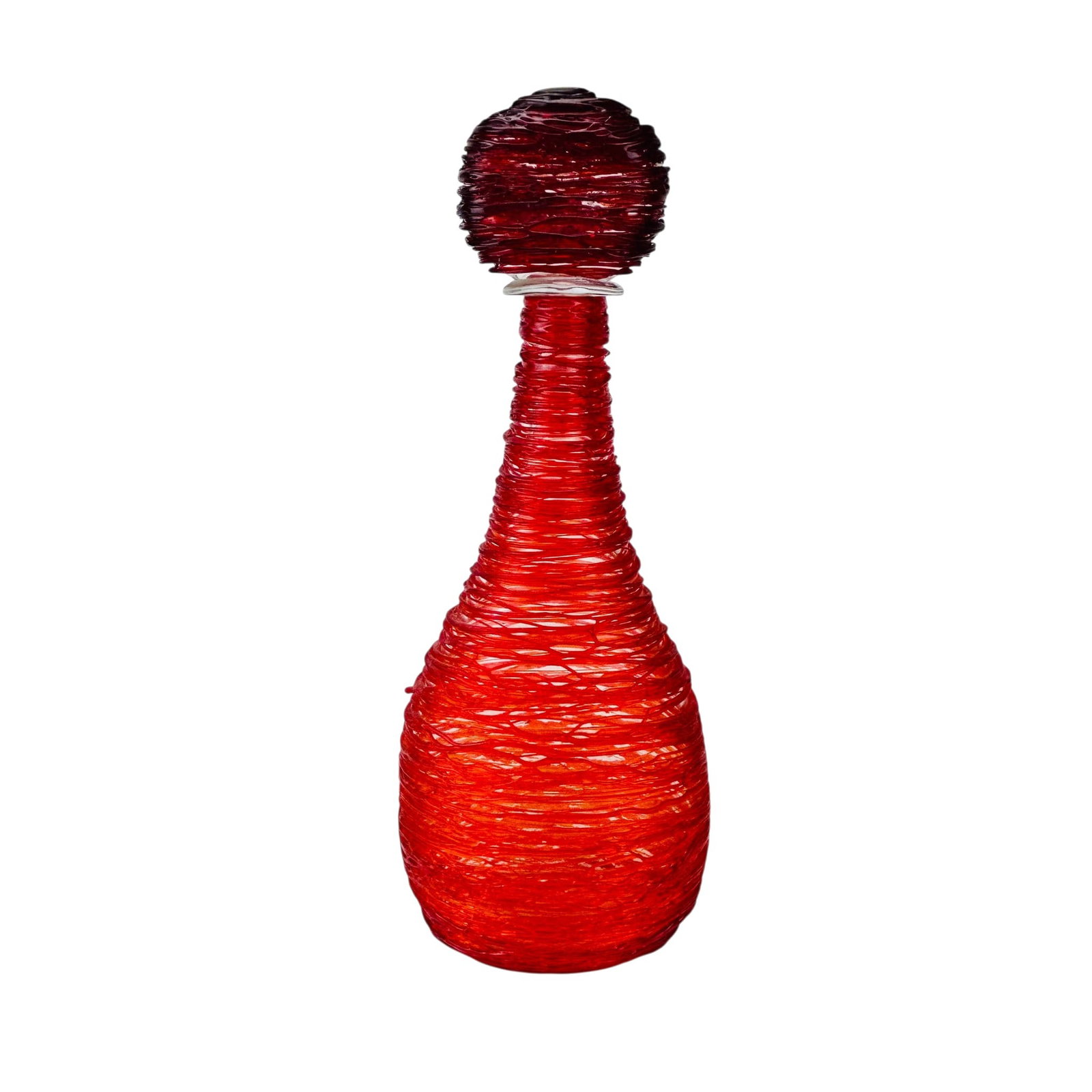 Sergio Costantini Murano Red Thread Glass Bottle: Sergio Costantini (Italian, born 1956) Murano studio art glass bottle vase with stopper. The form features a tapering bottle body with applied swirling glass thread decoration throughout and a matchin