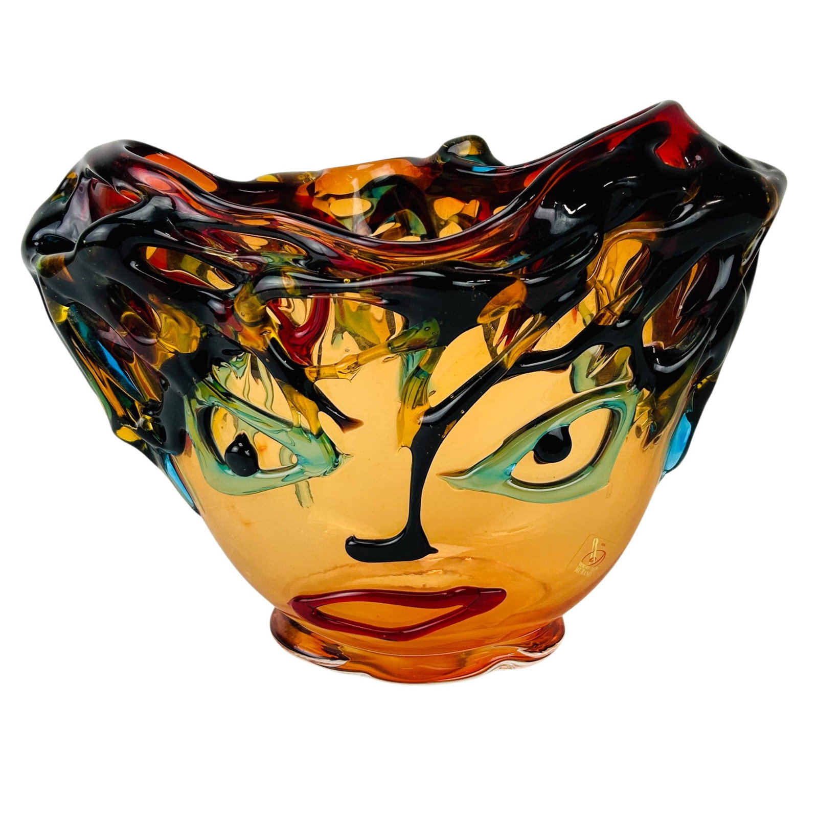 Sergio Costantini Murano Glass Sculpture SIGNED: Sergio Costantini (Italian, born 1956) Murano Italy art glass face sculpture in amber tone glass with applied multicolor abstract facial features and openwork overlay decoration. The sculptural vessel